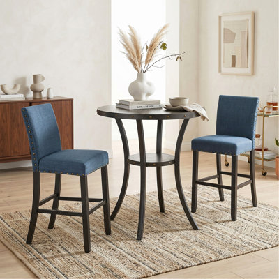 3-Piece 36" Round Espresso Finish Bar Table with 2 Blue Fabric Nail Head Pub Chairs