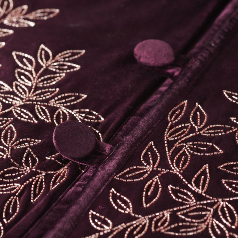 Hand Beaded Burgundy Velvet Floral Christmas Tree Skirt