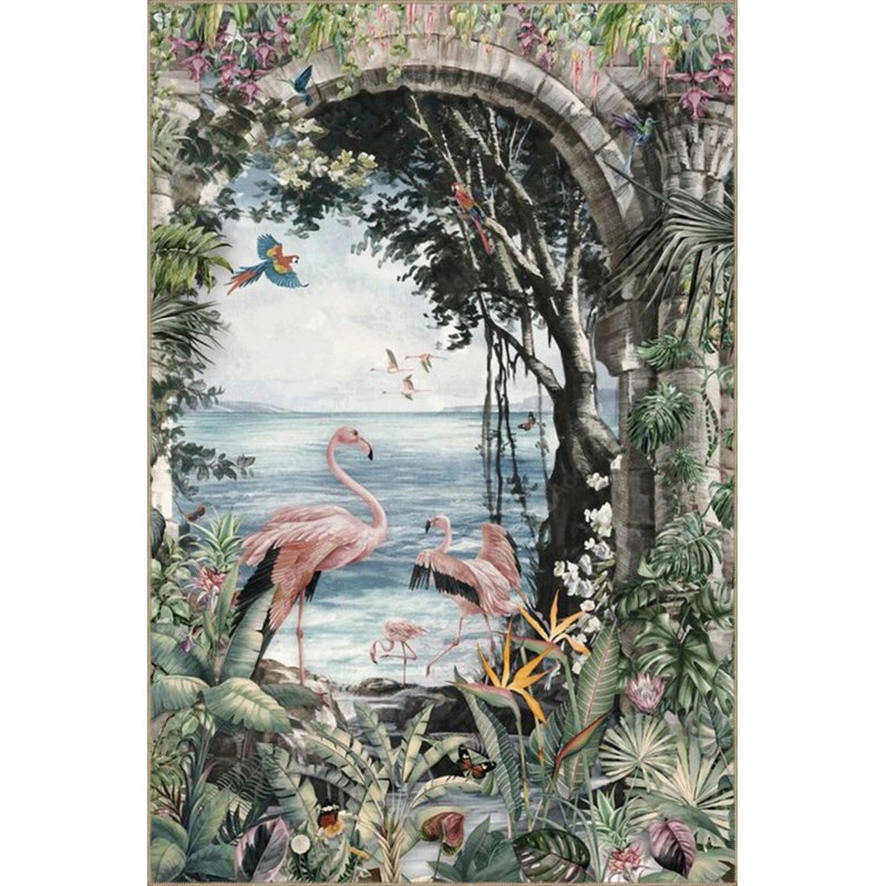 Forest Themed Tapestry Design Flamingo And Sea Patterned Vintage Decorative Carpet, Rectangle 4' x 5'11"