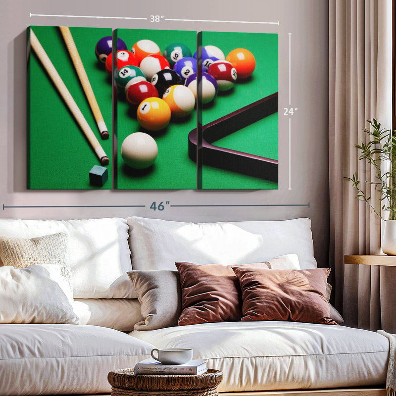 «Game Of Billiards», 3 pièces sur toile, H 24 po x l 38 po x P 1,25 po