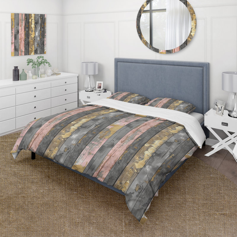 Ensemble de housse de couette Blush Grey and Gold Wood Plank I - Country, Housse de couette simple + 2 taies décoratives st