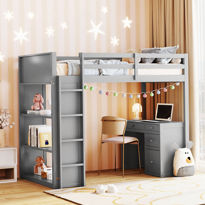 Lit mezzanine avec tablettes et bureau, Gris, Simple