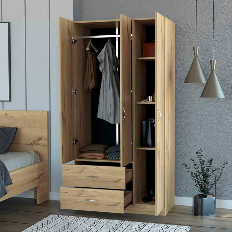 Armoire trois portes, deux tiroirs, tringle