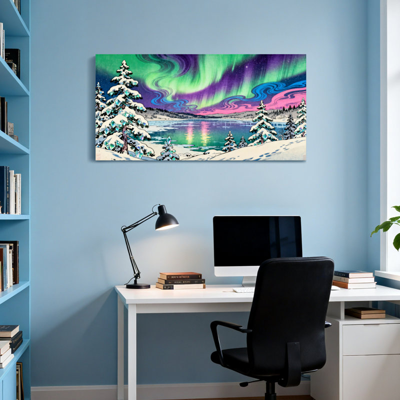 Paysage, nature, aurores boréales, paysage d'hiver, neige, arbres, aurore, ciel, réflexion, eau, H 16 po x l 32 po