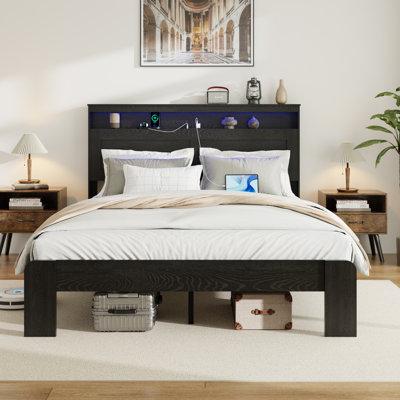 Lit plateforme très grand en bois avec rangement, tête de lit à DEL et 2 ports USB, silencieux, sans sommier, noir foncé