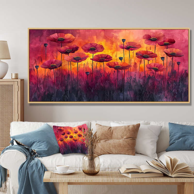 Danse d'automne des Fiery Poppies I - coquelicots, art mural, H 28 po x l 60 po, Cadre flottant blanc