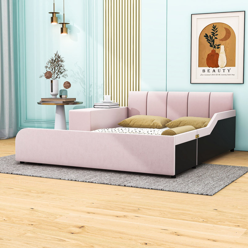 Lit tapissier Stelijana avec bureau de chevet et petit tabouret rond, Double, Rose