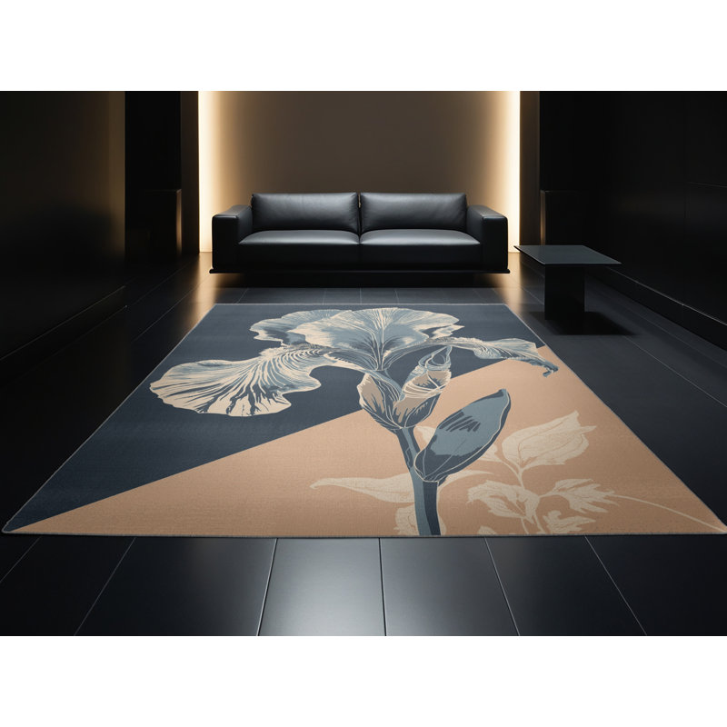 Tapis à motif floral Ortencia Iris lavable à la machine - Gris, Carré 7 pi