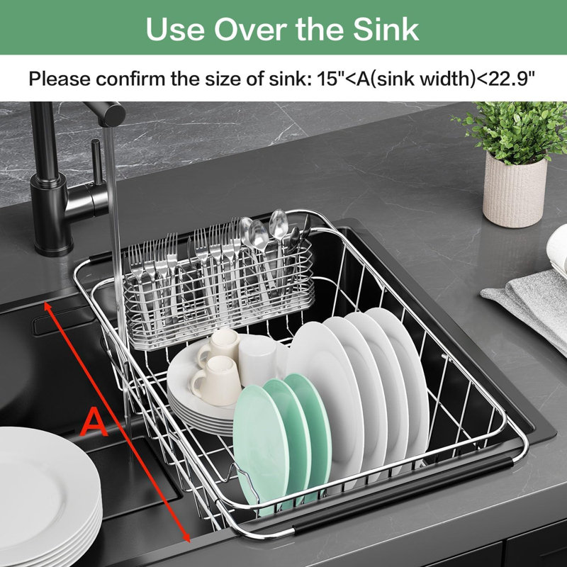 Dish Drainer Rack in Sink Adjustable, Expandable 304 Stainless Steel Metal Dish Drying Rack Organizer with Stainless Steel Utensil Holder