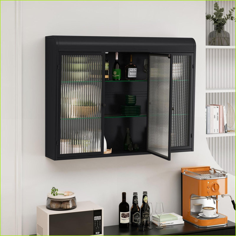 Wall Mounted Glass Cabinet | 3 Door Arched | Black | Kitchen/Living Room/Bathroom | Glass+Metal, Black
