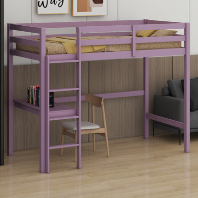 High Wood Loft Bed, With Safety Guardrail, Built-In Desk, Ladder