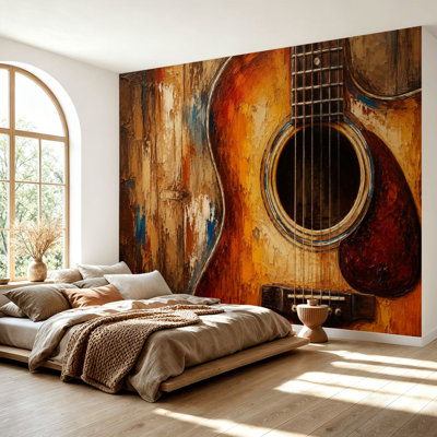 Murale Papier peint auto-adhésif, peinture de guitare rustique, coups de pinceau, tons chauds, papier autocollant amovible, papier contact pour salon, chambre à coucher H 69 po x l 96 po