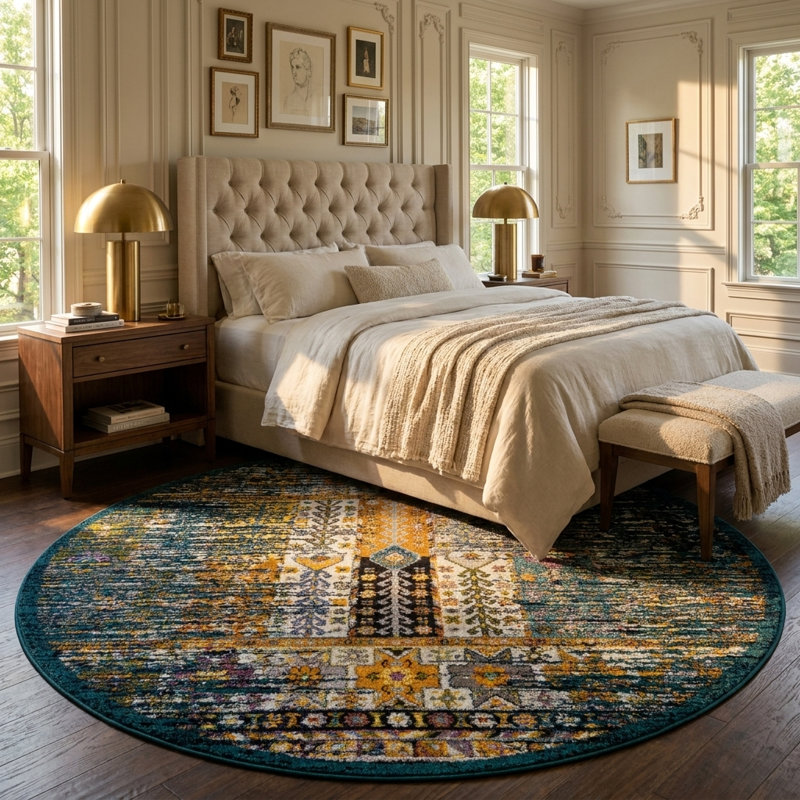 Tapis Kristen Naplate, Teal, Rond 7 pi 10 po