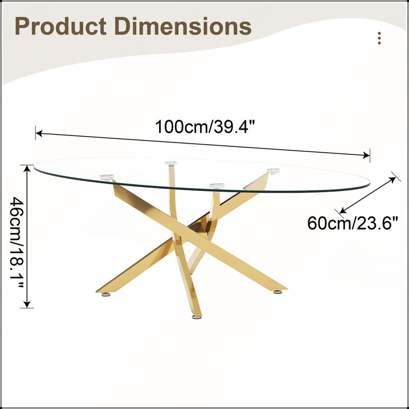 Table basse OVAL avec plateau en verre trempé et pieds dorés, moderne et durable pour l'élégance du salon