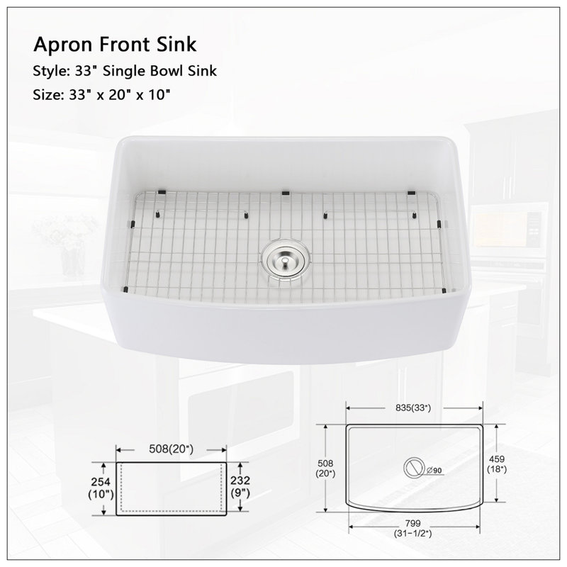 Évier de cuisine à simple cuve en argile réfractaire à tablier frontal L 33 po x l 20 po Fireclay