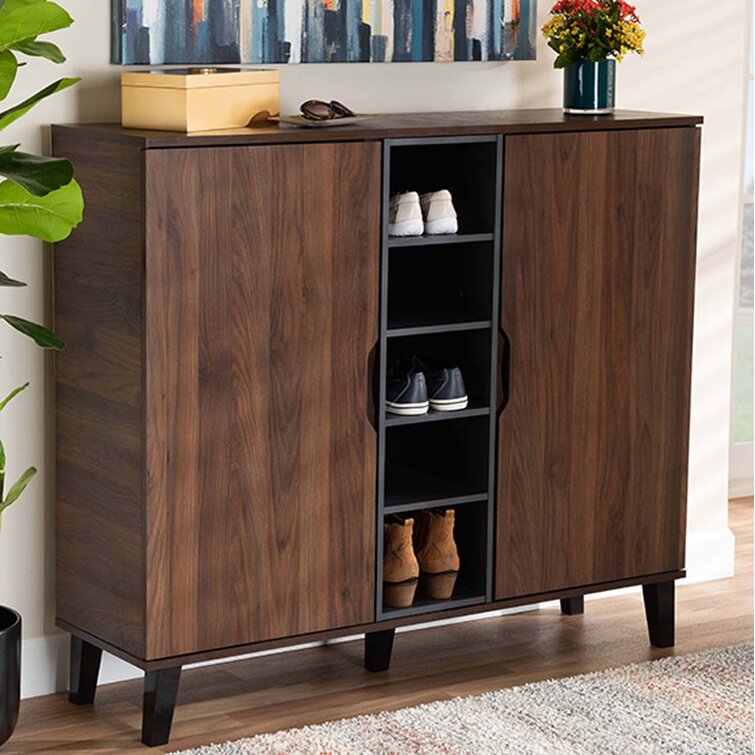 Walnut & Gray Modern Shoe Cabinet with 5 Shelves 2 Drawers 2 Doors Entryway  Shoe Storage