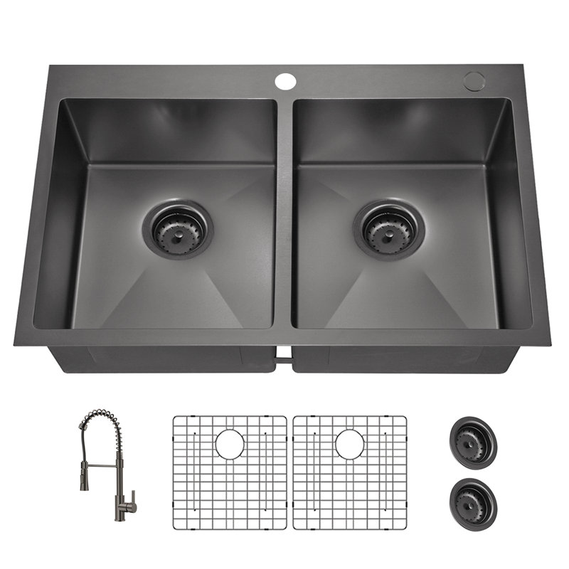 Évier de cuisine 33 x 22 po à double cuve en acier inoxydable de calibre 18 avec robinet à col à ressort noir
