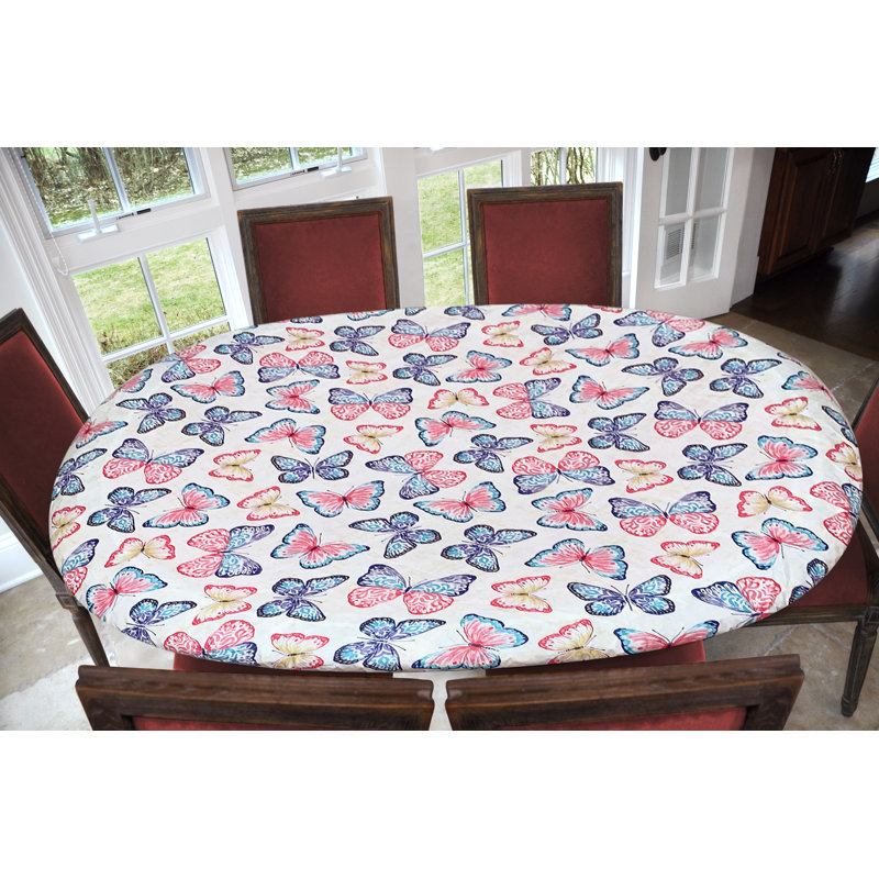 Rosalind Wheeler Deluxe Elastic Edged Flannel Backed Vinyl Fitted Table Cover - Butterfly Pattern - Oblong/Oval - Fits Tables Up To 48" W X 68" L in , 48" x 68"