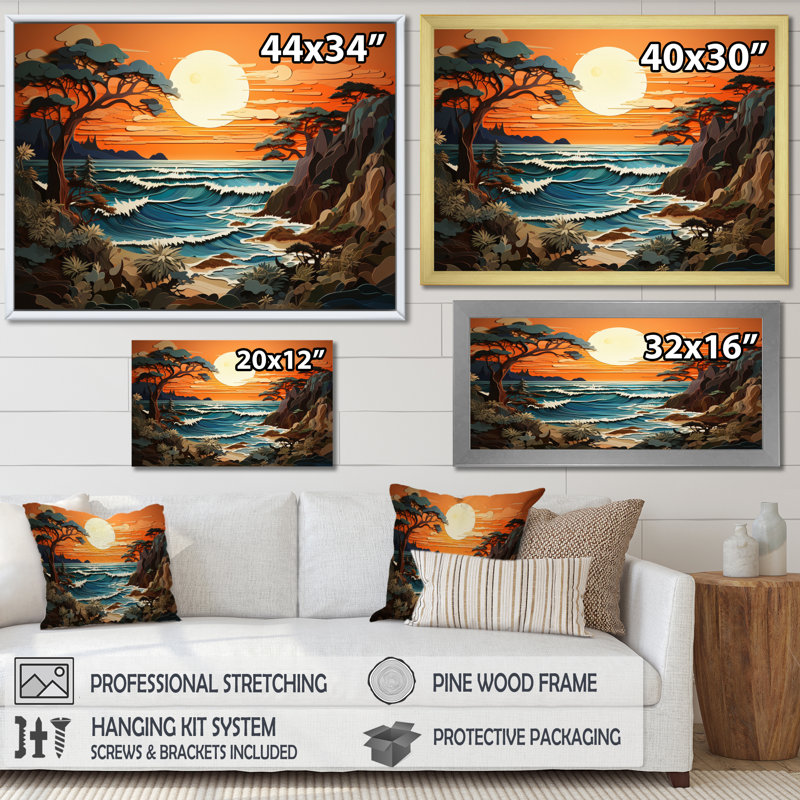 «Coastal Collage At Sunset II», reproduction d'art sur toile, Cadre flottant noir, H 34 po x l 44 po x P 1,5 po