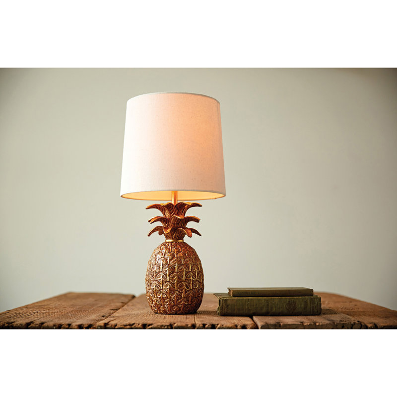 Resin Pineapple Table Lamp with Linen Shade, Antique Gold