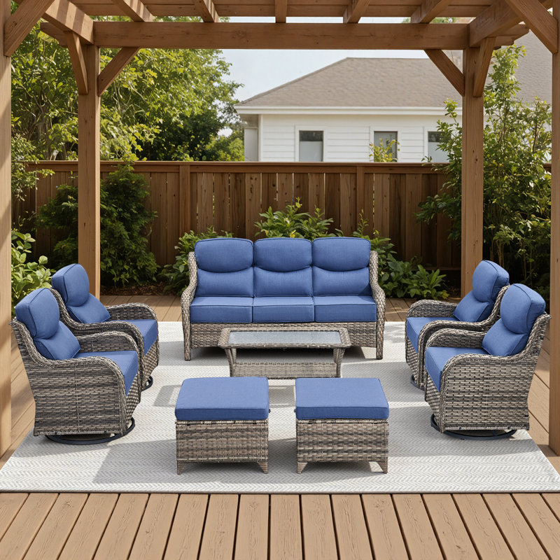 7-9 Person Outdoor Wicker Patio Conversation Set With Swivel Chairs And Coffee Table, Gray, Blue