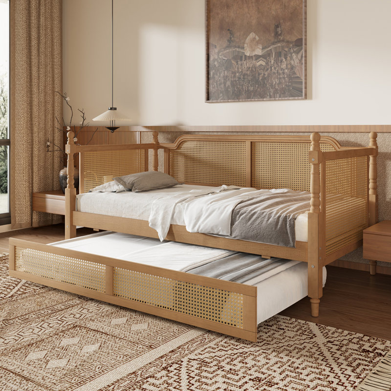 Traditional Style Rattan Daybed with Twin Size Trundle for Limited Space, Guest Room, No Box Spring Needed, Twin