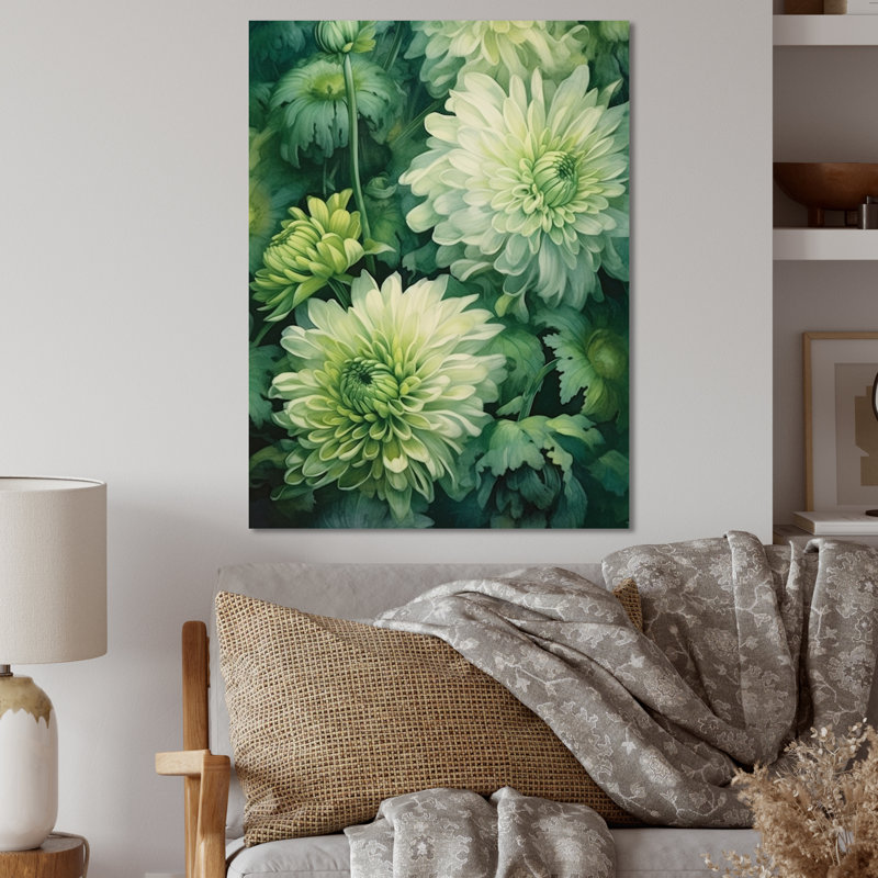 Chrysanthèmes verts et blancs Melody II - Décoration murale florale en métal, H 20 po x l 12 po x P 1 po
