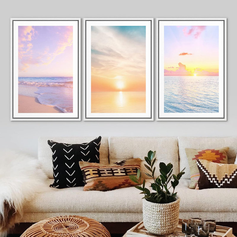 "Coastal Beach", Mauve, Sunrise, Ocean, Waves, Modern Nautical, 3 Piece Framed Canvas Print, H 24 po x l 16 po x P 1,5 po