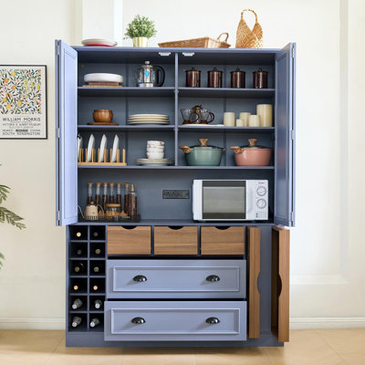 Farmhouse 71''H Large Kitchen Pantry with 4 Foldable Doors, Power Outlet, Adjustable Shelves, Wine Racks, and Serving Trays
