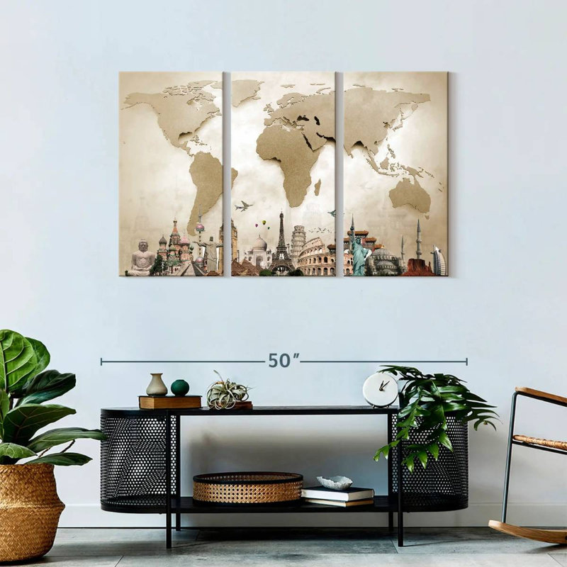 Neutre carte du monde sur toile en acier 3 pièces, H 45 po x l 28 po x P 1,25 po