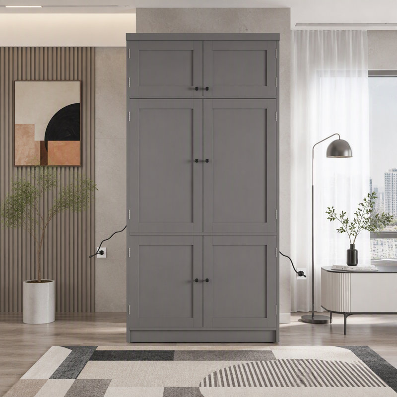 Freestanding Kitchen Pantry Cabinet, Integrated Power Outlets, Adjustable Shelving & Wine Rack, Contemporary Style, Dining & Living Room