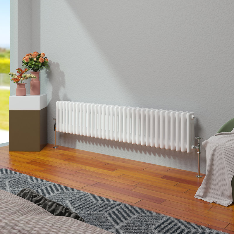 Vallie Horizontal Traditional Column Cast Iron Style Designer Radiator, White, 30cm H x 146cm W