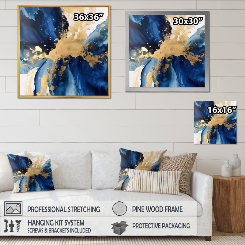 «Dark Blue and Gold Strokes», art encadré «Fractals», H 36 po x l 36 po x P 1,5 po, Cadre flottant doré