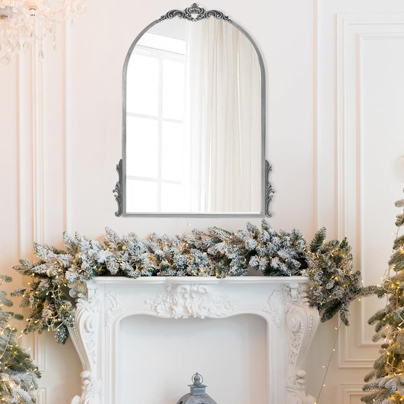 Vintage Metal Ornate Baroque Accent Mirror, Arch Decorative Wall Mirror For Hanging Or Leaning, Silver, 32" x 24"
