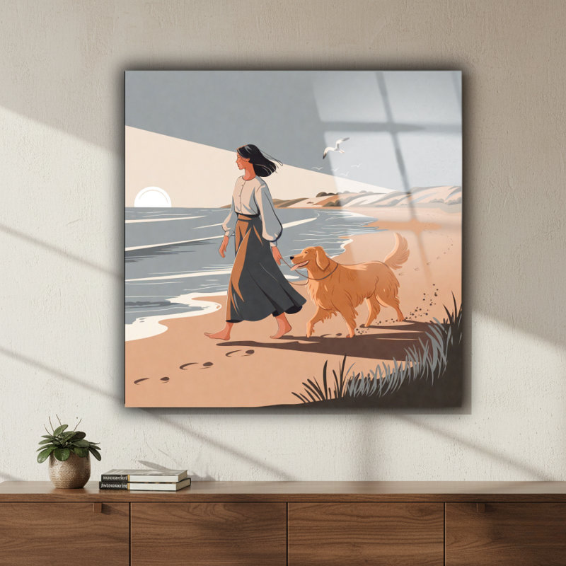 Girl And Dog, Dog Owner Gift, Dog Tempered Glass Wall Art, 40" H x 40" W