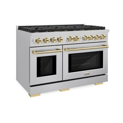 ZLINE 48 in. 8 Burner Double Oven Gas Range in Stainless Steel and Champagne Bronze Accents