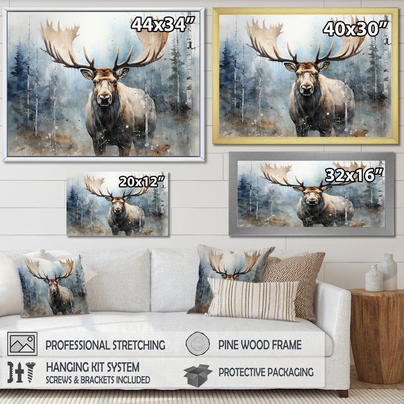 Orignal majestueux dans la forêt - orignal, art mural, H 16 po x l 32 po x P 1 po, Cadre doré simple