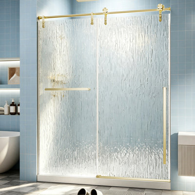Porte de douche coulissante simple sans cadre 56 "- l 60" x H 75 "avec verre 1/4" avec film antidéflagrant, poignée en acier inoxydable doré