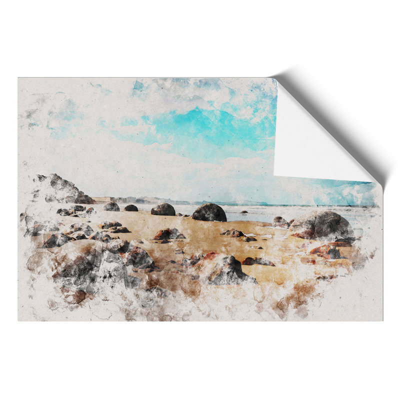 Moeraki Boulders Beach New Zealand Watercolour - Frameless Print, 42cm H x 59cm W x 0.1cm D