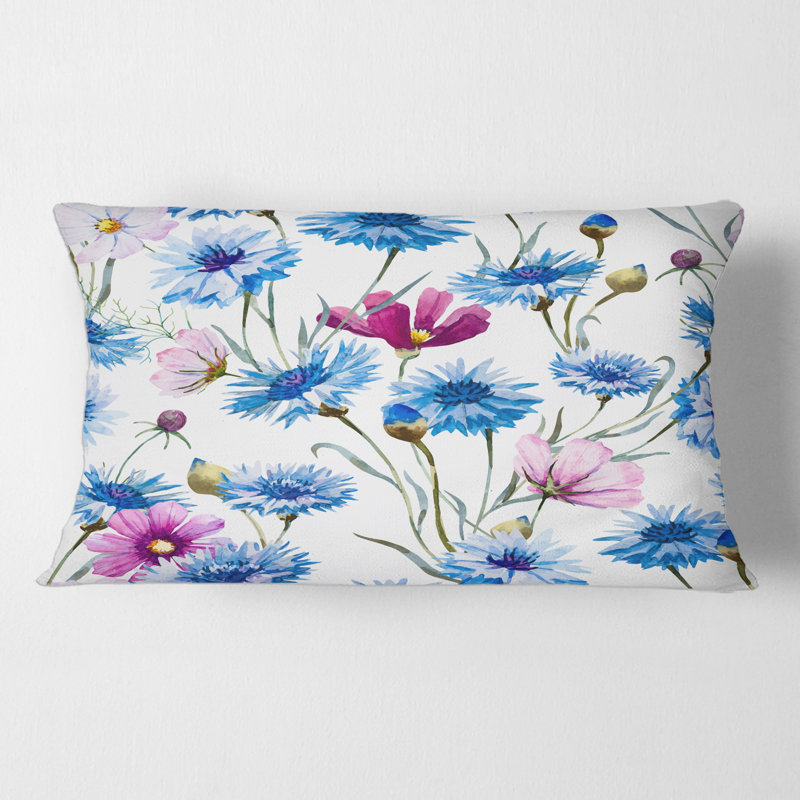 Bleu et rose, bleuet sauvage, coussin traditionnel imprimé