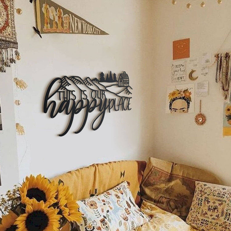 Happy Place Home Decor Metal Wall Art - Inspirational Sign for Bedroom