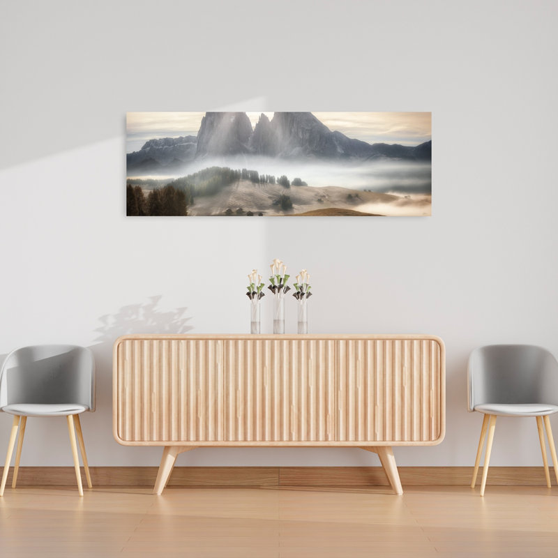 Art mural paysage ensoleillé et ensoleillé, brume de montagne, H 48 po x l 16 po