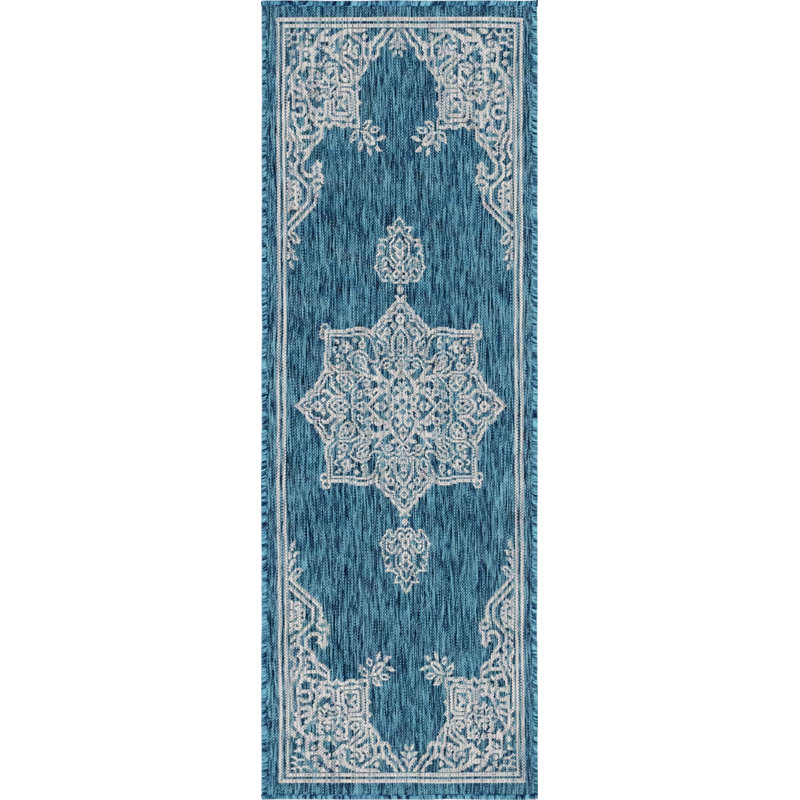 Tapis bleu / gris en polypropylène tissé à la machine à motif oriental Craighead, Tapis de couloir 2 pi x 6 pi 1 po
