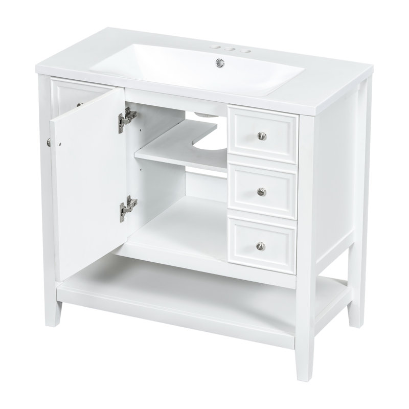 Meuble-lavabo de 36 po en blanc avec lavabo en bois massif et céramique, une armoire, trois tiroirs, finition peinte, autoportant, assemblage sous le comptoir requis, couleur blanche, abattant en peuplier / caoutchouc