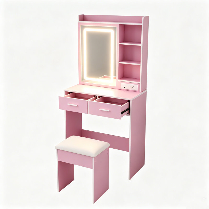  Petit meuble-lavabo de maquillage avec lumières DEL réglables et miroir, prise de courant intégrée et support pour sèche-cheveux avec 2 tiroirs et tablette, coiffeuse avec tabouret pour chambre à coucher, blanc