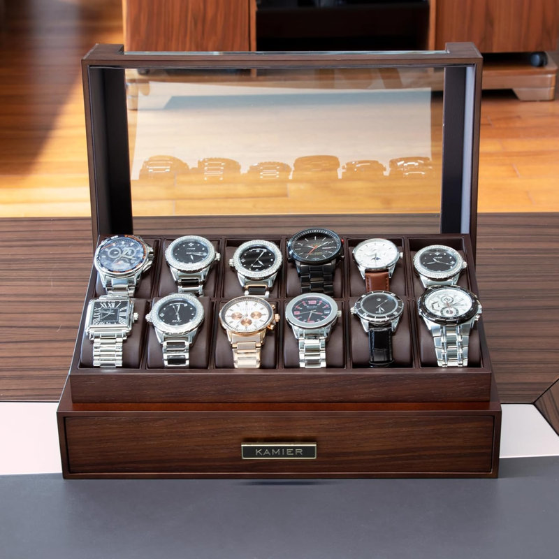 High End Watch Box for Men, 12 Slot Wooden Watch Case With Drawer, Watch Display Box with Glass Lid, 2-Layer Watch Holder for Jewelry and Watch Storage for Men Women , Ideal for Gift