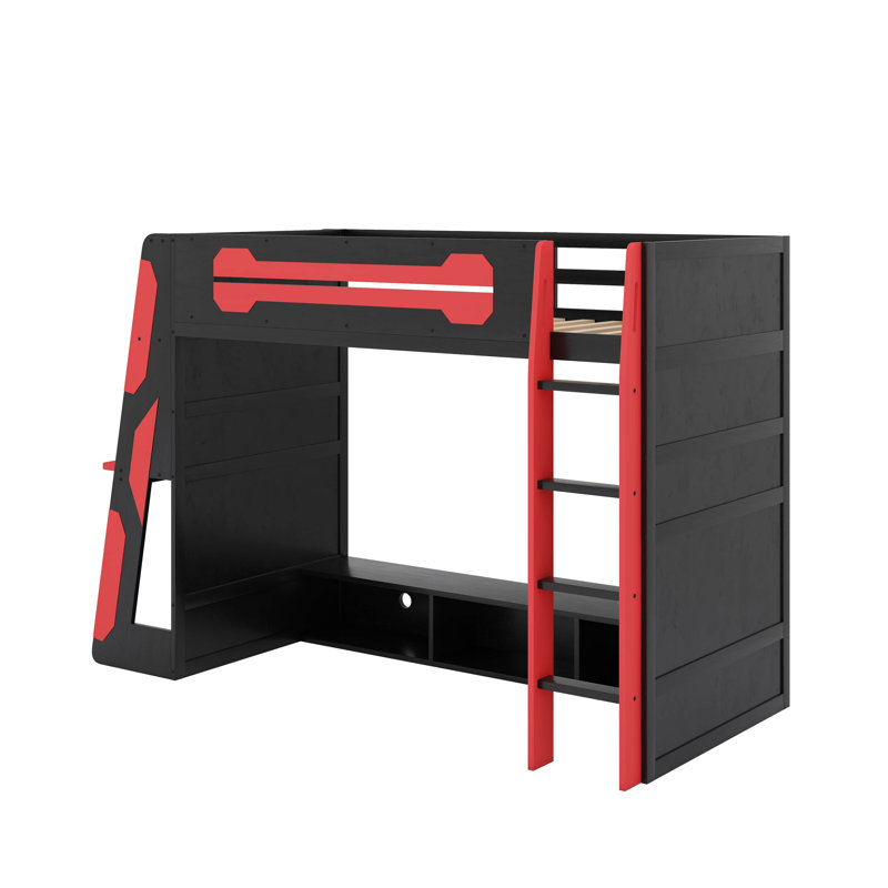 Twin Size Wood Loft Bed With Desk,And RGB Light, Red