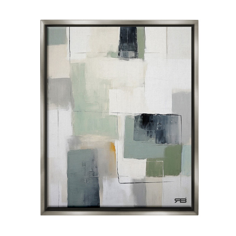 "Abstract Gray Shapes" par RB sur toile, H 21 po x l 17 po, Cadre flottant gris lustré