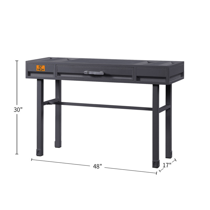 One Drawer Gunmetal Metal Vanity Desk, Iron Plate Surface, Frame, Recessed Panels, Side Glide With 3/4 Ext., Manual Close, Stop, 39"l X 16"w 25"h Knee Space Desk Featuring Drawer, Straight Legs,