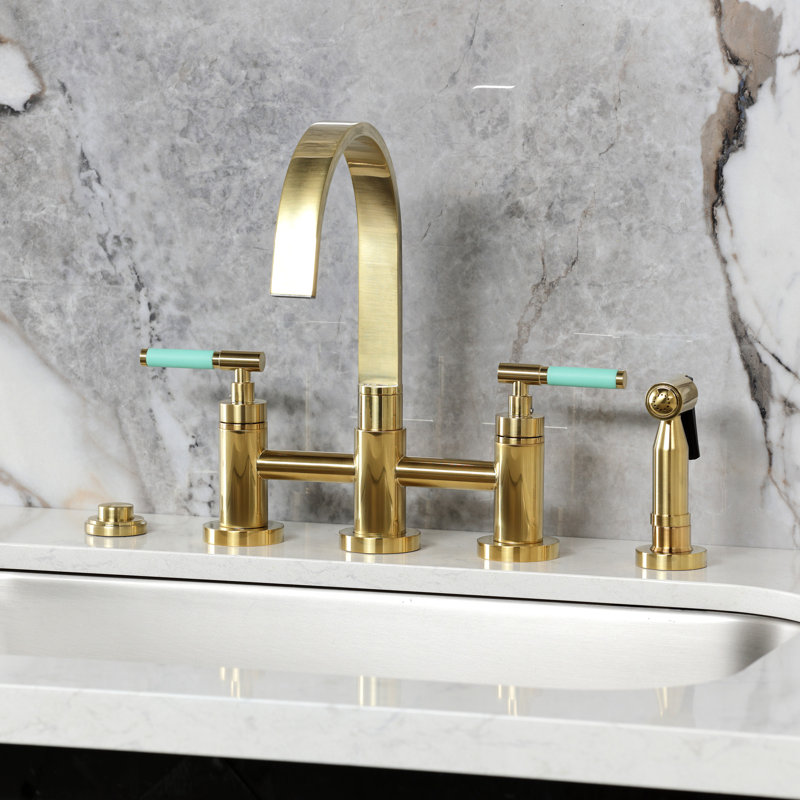 Kingston Brass Kaiser Two-Handle 4-Hole Deck Mount Bridge Kitchen Faucet with Brass Side Sprayer, Brushed Brass